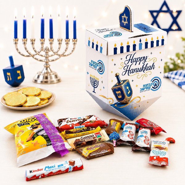 סביבון ענק ממותג מקרטון עם מילוי ממתקים לחנוכה לעובדים